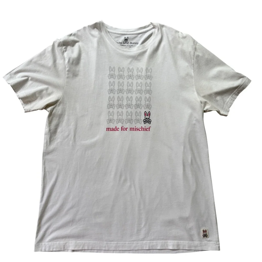 Psycho Bunny Men's Size 8 White Pima Cotton Graphic T-Shirt Punk Y2K Skull